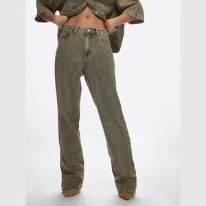 Olive Green Diamond Textured Pattern Denim Straight Leg Jeans
